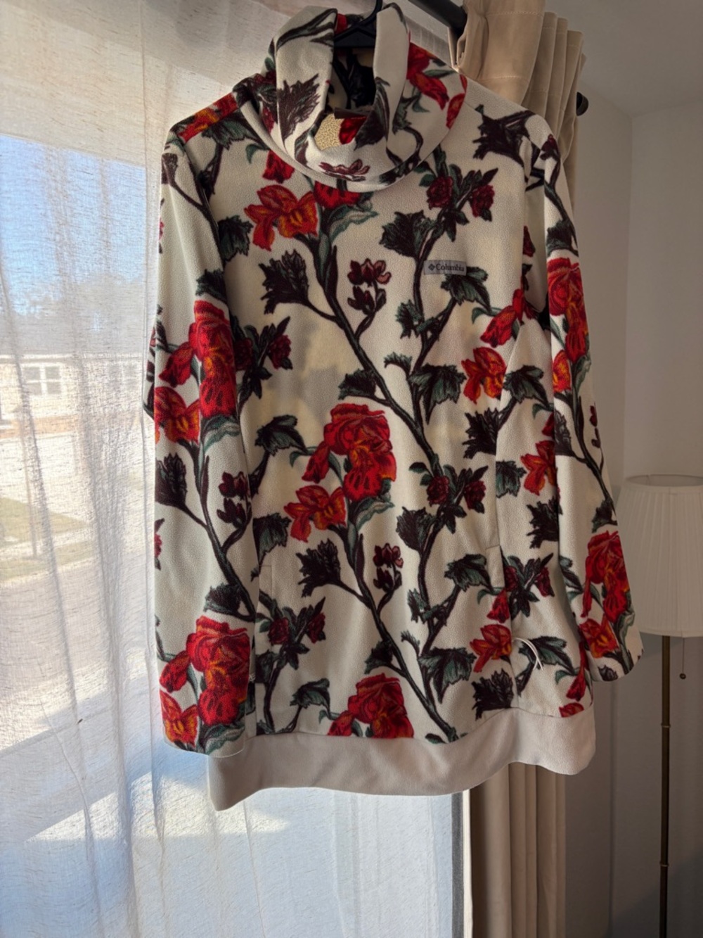 Columbia Floral Turtleneck Fleece Pullover - White with Red Roses